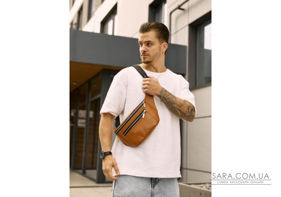 Велика чоловіча шкіряна сумка на пояс бананка Sambag Tirso Max руда