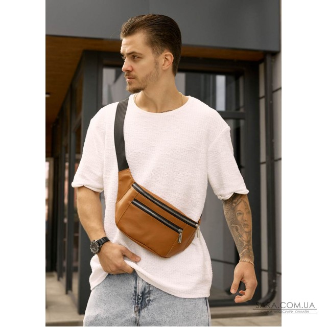 Велика чоловіча шкіряна сумка на пояс бананка Sambag Tirso Max руда Велика чоловіча шкіряна сумка на пояс бананка Sambag Tirso Max руда