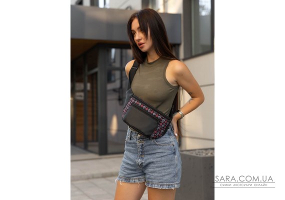 Велика жіноча сумка на пояс бананка Sambag Tirso Max чорна принт