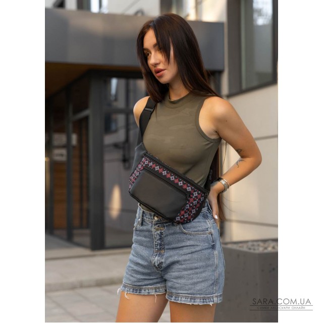 Велика жіноча сумка на пояс бананка Sambag Tirso Max чорна принт Велика жіноча сумка на пояс бананка Sambag Tirso Max чорна принт