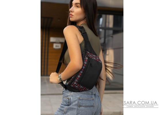 Велика жіноча сумка на пояс бананка Sambag Tirso Max чорна принт