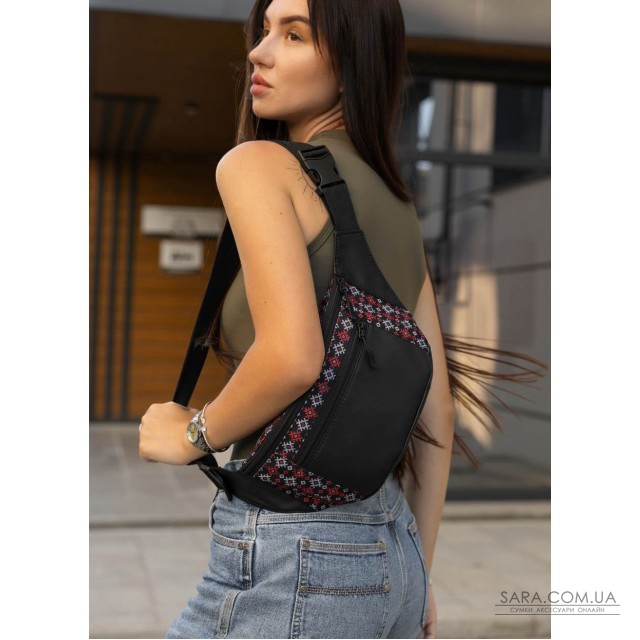 Велика жіноча сумка на пояс бананка Sambag Tirso Max чорна принт Велика жіноча сумка на пояс бананка Sambag Tirso Max чорна принт