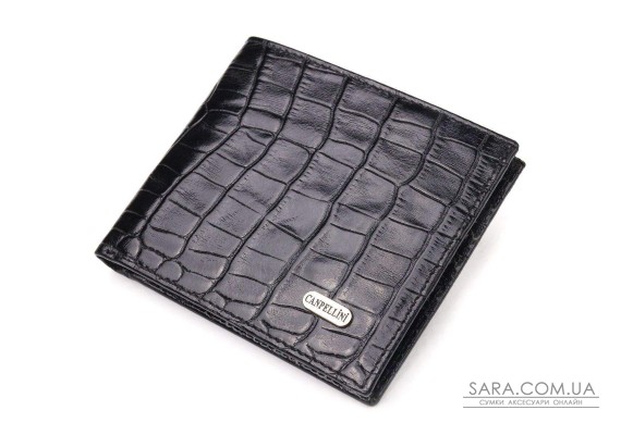 Оригинальный кошелек для мужчин в два сложения из натуральной фактурной кожи с тиснением под крокодила CANPELLINI 21582 Черный