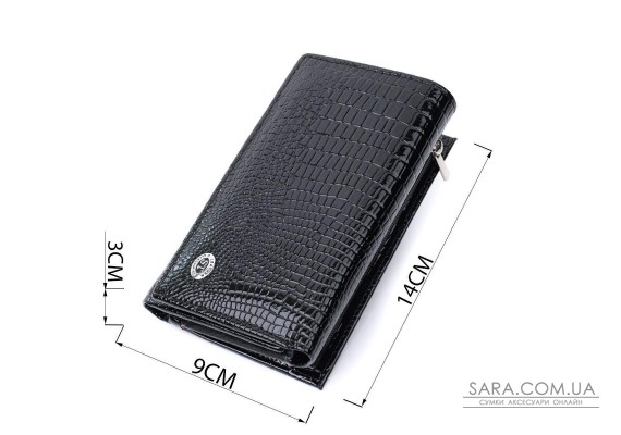 Женский кошелек в три сложения из лакированной фактурной натуральной кожи ST Leather 22707 Черный