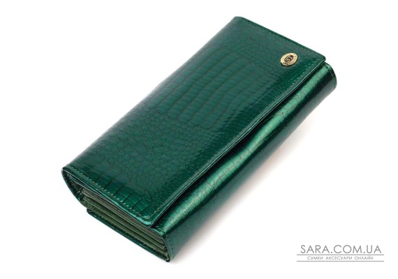Лакированный женский кошелек с блоком для визиток из натуральной кожи ST Leather 19424 Зеленый