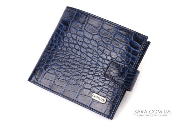 Стильний чоловічий гаманець горизонтального формату з натуральної шкіри з тисненням під крокодила CANPELLINI 21758 Синій