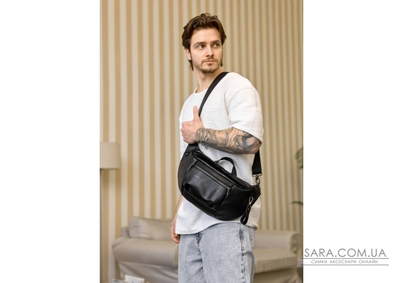 Большая мужская кожаная поясная сумка-бананка Sambag DistrictDart черная