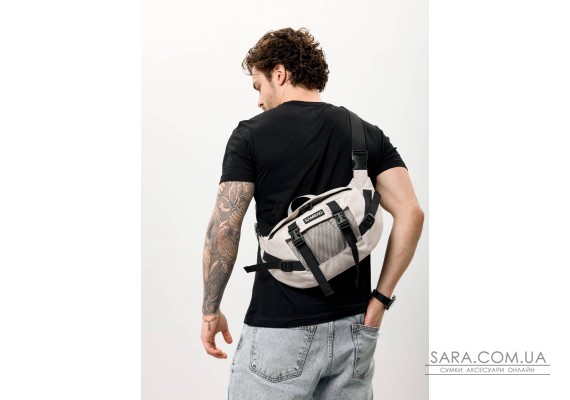 Большая мужская поясная сумка-бананка Sambag DynamicDart серого цвета из шелка