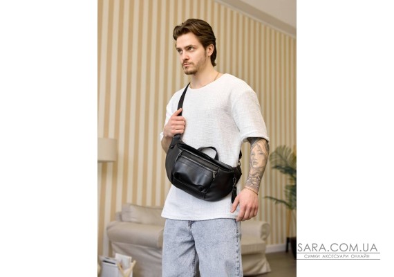 Большая мужская кожаная поясная сумка-бананка Sambag DistrictDart черная
