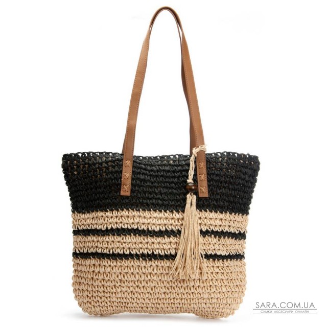 Жіноча плетена сумка PODIUM 0006 black beige Жіноча плетена сумка PODIUM 0006 black beige