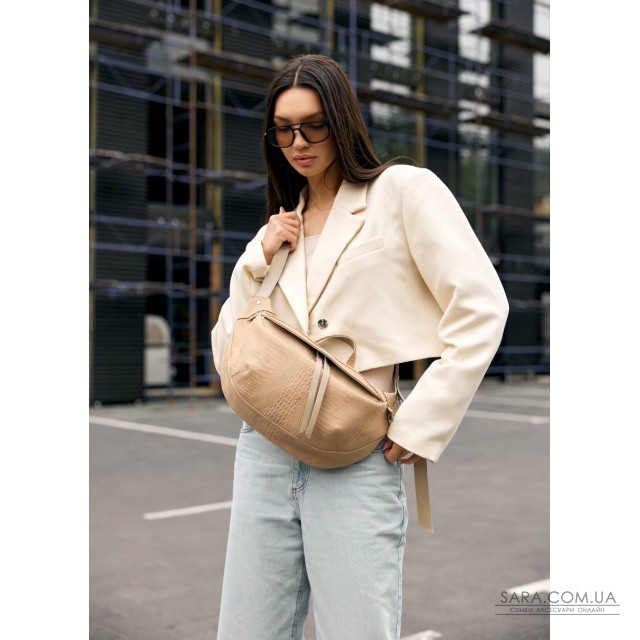 Жіноча шкіряна сумка бананка через плече Sambag StructureDart бежева Жіноча шкіряна сумка бананка через плече Sambag StructureDart бежева