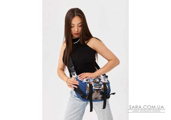 Велика жіноча поясна сумка бананка для планшета Sambag DynamicDart з принтом "Blue Flowers"
