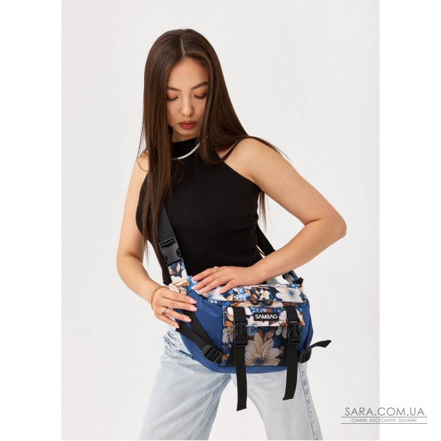 Велика жіноча поясна сумка бананка для планшета Sambag DynamicDart з принтом "Blue Flowers" Велика жіноча поясна сумка бананка для планшета Sambag DynamicDart з принтом "Blue Flowers"