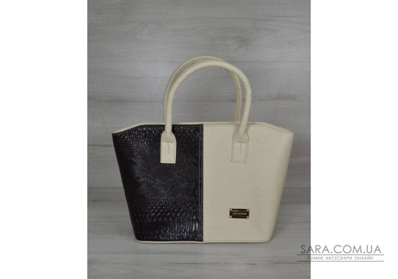 Класична жіноча сумка «Дві змійки “ молочна з вставкою чорна рептилія WeLassie