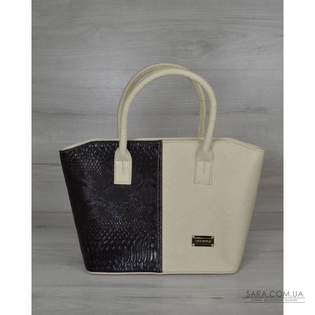 Класична жіноча сумка «Дві змійки “ молочна з вставкою чорна рептилія WeLassie дешево Класична жіноча сумка «Дві змійки “ молочна з вставкою чорна рептилія WeLassie дешево