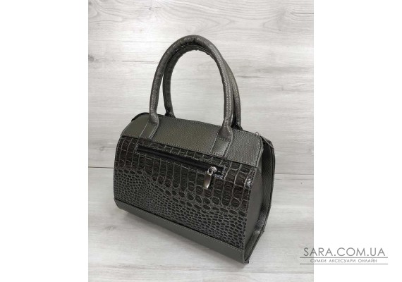 Жіноча сумка Маленький Саквояж кольору металік зі вставкою коричневий лаковий крокодил WeLassie