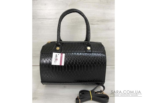 Жіноча сумка Маленький Саквояж чорного кольору зі вставкою чорний крокодил WeLassie