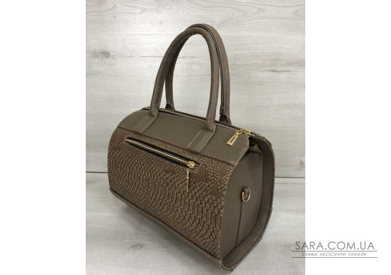 Жіноча сумка Маленький Саквояж кавового кольору зі вставкою кавова рептилія WeLassie