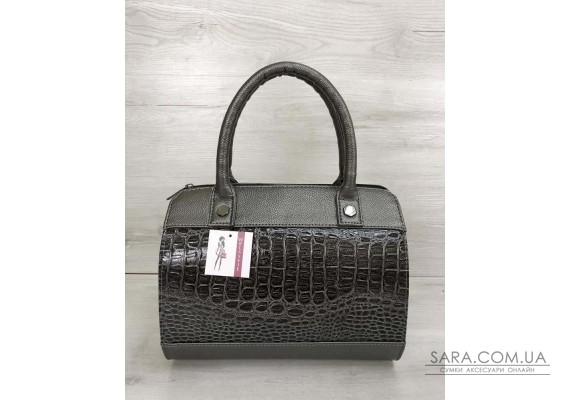 Жіноча сумка Маленький Саквояж кольору металік зі вставкою коричневий лаковий крокодил WeLassie