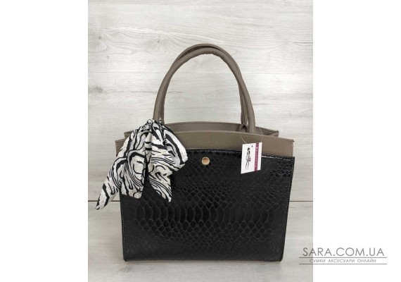 Класична жіноча сумка Бьянка кавового кольору зі вставкою чорна кобра WeLassie