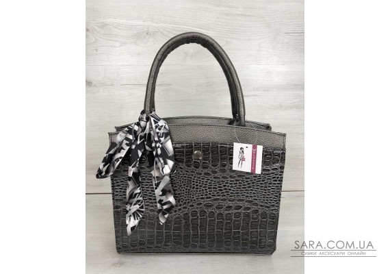 Класична жіноча сумка Бьянка кольору металік зі вставкою сірий лаковий крокодил WeLassie