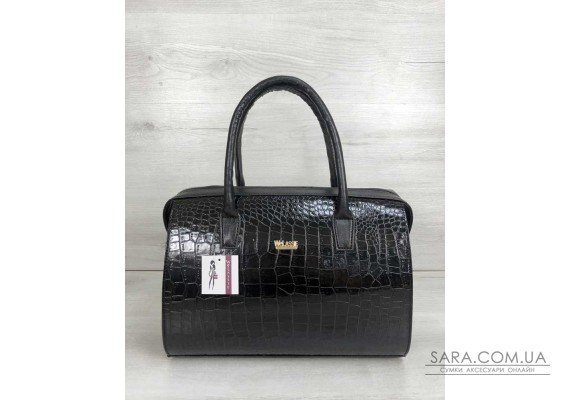 Каркасна жіноча сумка Саквояж чорний лаковий крокодил WeLassie