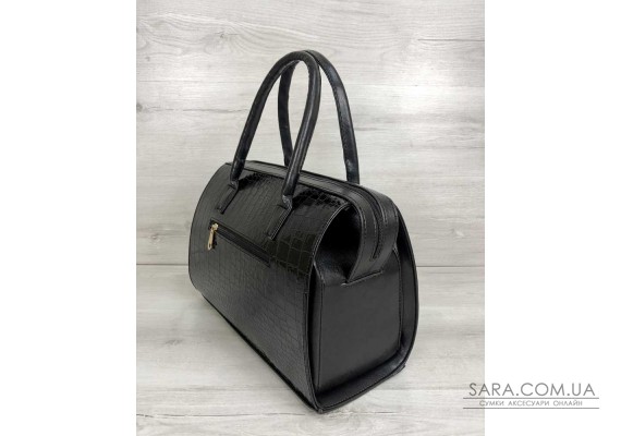 Каркасна жіноча сумка Саквояж чорний лаковий крокодил WeLassie